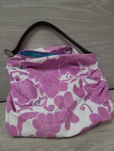 Saks Fifth Avenue White Purple Floral Canvas Lined Zip Tote Handbag PreOwned - £10.16 GBP