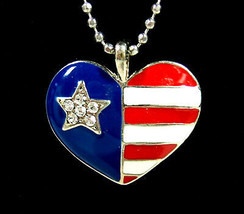 American Flag Rhinestone Heart Pendant Vintage Necklace Silvertone Enamel Kis - £15.07 GBP