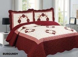 Lidia Flowers Burgundy Color Embroidery Bedspread Set 3 Pcs Queen Size - £40.69 GBP