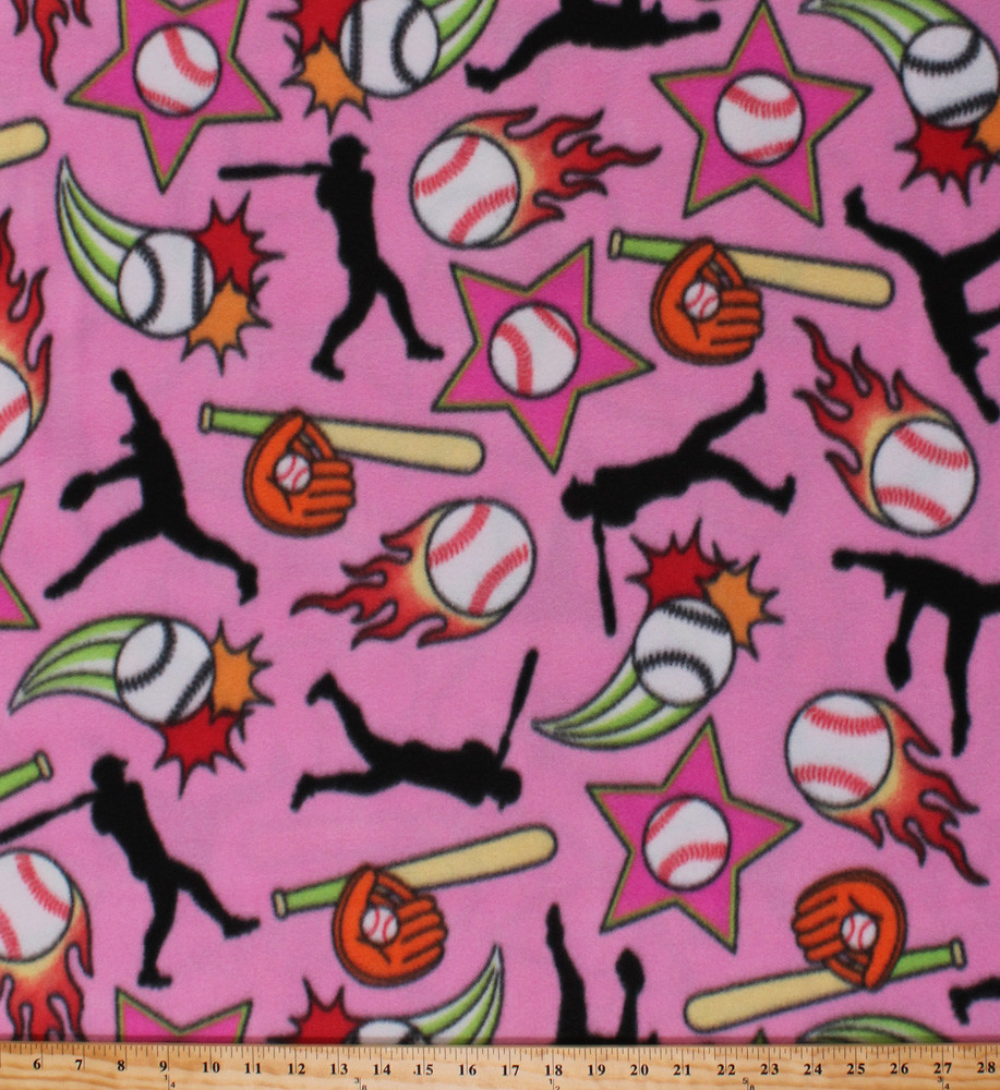Baseballs Softball Bats Gloves Stars on Pink Sports Fleece Fabric Print ... - $6.97