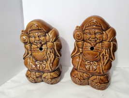 2 Vtg Daikoku Ceramic Brown Mugs String Holders Good Fortune Japan Tiki ... - $32.46