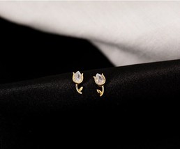 14K Gold Rose Stem Stud Earrings - S925 Silver, tiny, piercings, helix, sparkle - £32.73 GBP