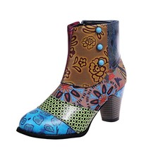 Fashion Vintage Splicing Printed Ankle Boots for Women Shoes Woman PU Leather Re - £41.50 GBP