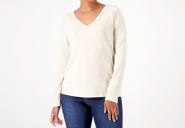 Candace Cameron Bure V-Neck Long-Sleeve Knit Top - Oatmeal Heather, Small - £17.30 GBP