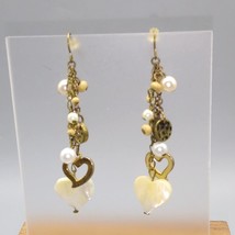 Classic Vintage Earrings, Brass and White Pearls, Dangling Chains and He... - $31.93