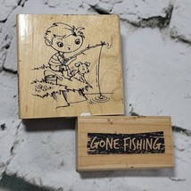 Gone Fishing Rubber Stamps Lot Of 2 Wood Mounted Crafts  - $11.88