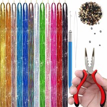 Hair Tinsel Kit w/ Microlinks Tools Fairy Hair Glitter Extensions 47&quot; 12... - £15.25 GBP