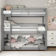 Gray Finish Wooden Twin Over Twin Triple Bunk Beds Convertible Sleeps 3 ... - $912.99