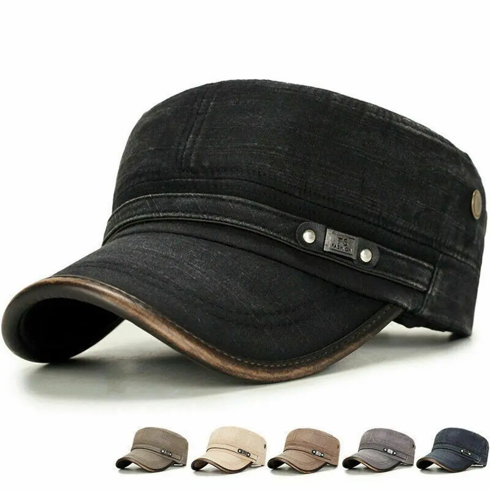 Men Washed Distressed Army Hats Casual Cotton Flat Top Baseball Cap Adjustable - £9.31 GBP+