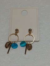 Teal and Gold Tone Dangle Earrings - $6.93