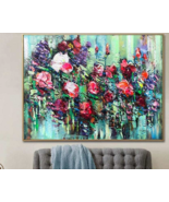 Extra Red Flowers Paintings On Canvas Green Artwork Green Modern | SUMME... - £306.00 GBP