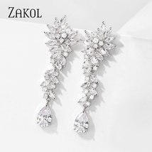 ZAKOL Cluster Leaf Zirconia Crystal Women Long Dangle Drop Earrings with Silver  - £18.26 GBP