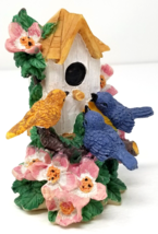 Bluebirds Wrens Floral Birdhouse Figurine Resin 1970s Vintage - $15.15