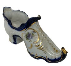 Vintage Porcelain Woman&#39;s Shoe Dish Hand Painted  Blue/White/Gold - $14.24