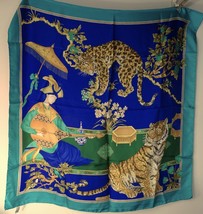 Salvatore Ferragamo Silk Scarf Asian Blue Teal Green Tiger Leopard Peony Flower - £179.02 GBP