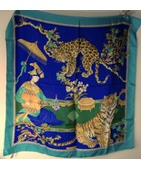 Salvatore Ferragamo Silk Scarf Asian Blue Teal Green Tiger Leopard Peony... - £176.00 GBP