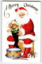 Santa Claus Christmas Postcard Jolly Saint Nick Puts Doll Into Stocking Embossed - £9.71 GBP
