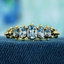 Natural Blue Topaz Vintage Style Five Stone Ring in Solid 9K Yellow Gold - £441.77 GBP