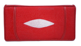 Genuine Stingray Skin Leather Long Bifold White Pearl Eye Women Wallet Red - £64.49 GBP