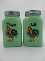 Jadeite Arch Salt Pepper Set Colorful Roosters Mid Century Retro Green G... - £15.62 GBP