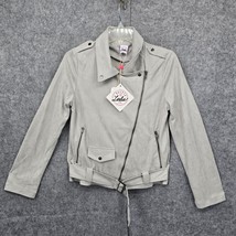 Selfie Leslie Jacket Women&#39;s Small Grey Faux Suede Belted Moto Zippers Lightweig - $35.52