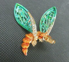 Vintage Costume Jewelry, Gold, Aqua Wings, Brown Rhinestone Insect Brooch Pin173 - £19.37 GBP