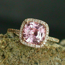 2.50Ct Cushion Cut Pink Sapphire Halo Engagement Ring 14K Rose Gold Finish - £85.45 GBP