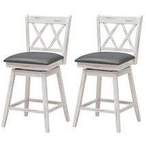 Set of 2 White Wood 24-in Counter Height Farmhouse Swivel Cushion Seat Barstools - £221.78 GBP