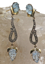 Natural Blue Aquamarine 10.00ct Carved Natural Diamond 18k Gold Silver E... - $487.82 CAD