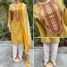 Pakistani Yellow &amp; White Printed Straight Shirt 3-PCS Lawn Suit / Thread... - $54.45