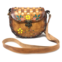 Hand Tooled Leather Crossbody Handbag VTG 70s Handpainted Floral Woven M... - £31.87 GBP