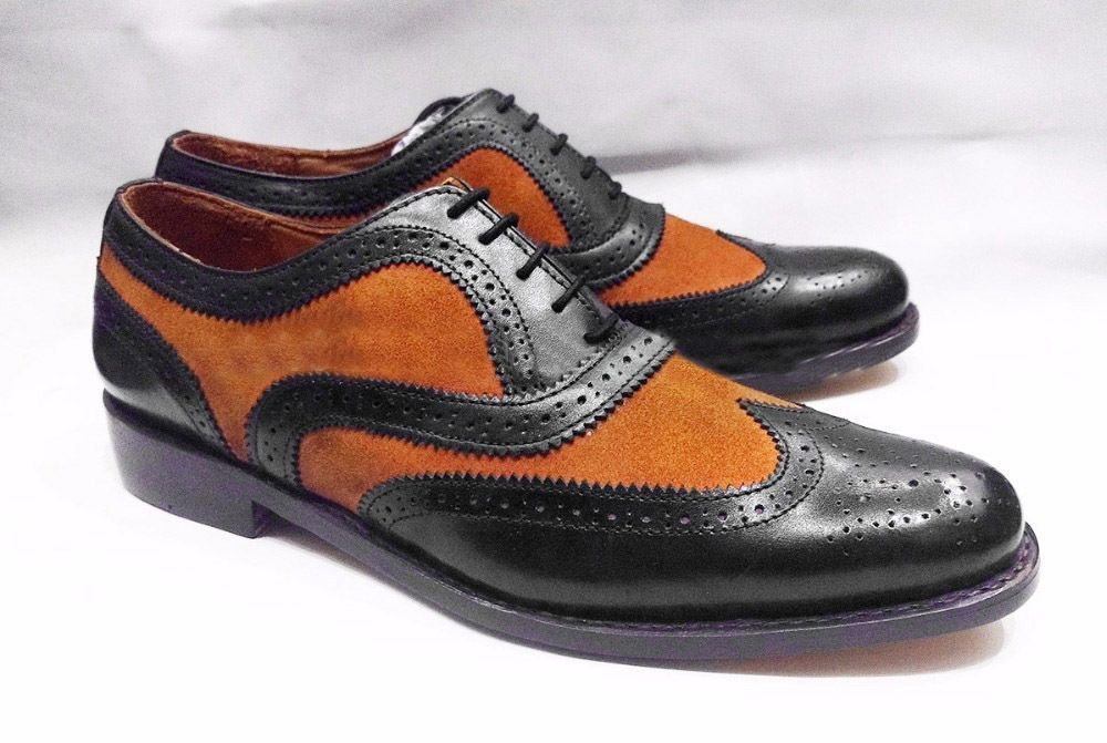 NEW  Handmade Men's Black Leather Tan Suede Wing Tip Shoes, Lace Up Formal New S