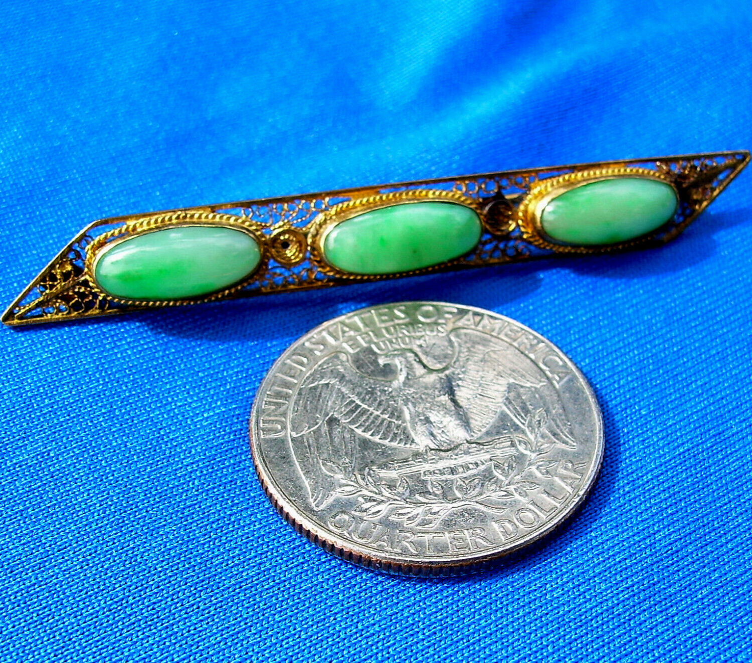 Earth mined Jade Antique Deco Brooch Victorian Filigree Solid 14k Gold Bar Pin Item image 5