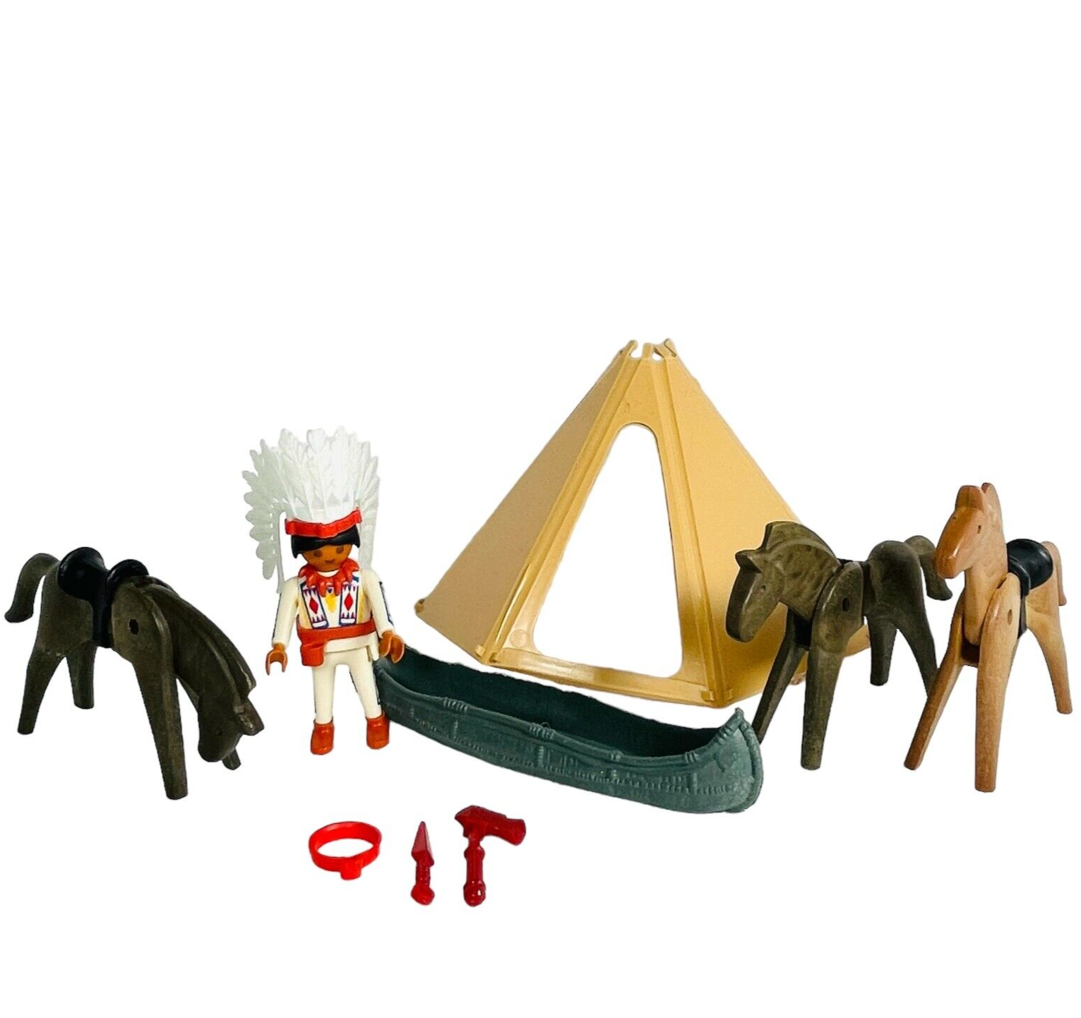 Playmobil Geobra Native Am Indian Horse Action Figure 1997 1974 Tent Canoe Tools - $16.23