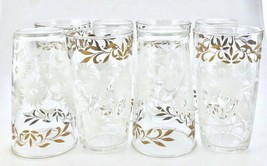 Vintage Hazel Atlas Tumbler Set (8) Gold Leaf + Carnations Mid Century M... - $54.19