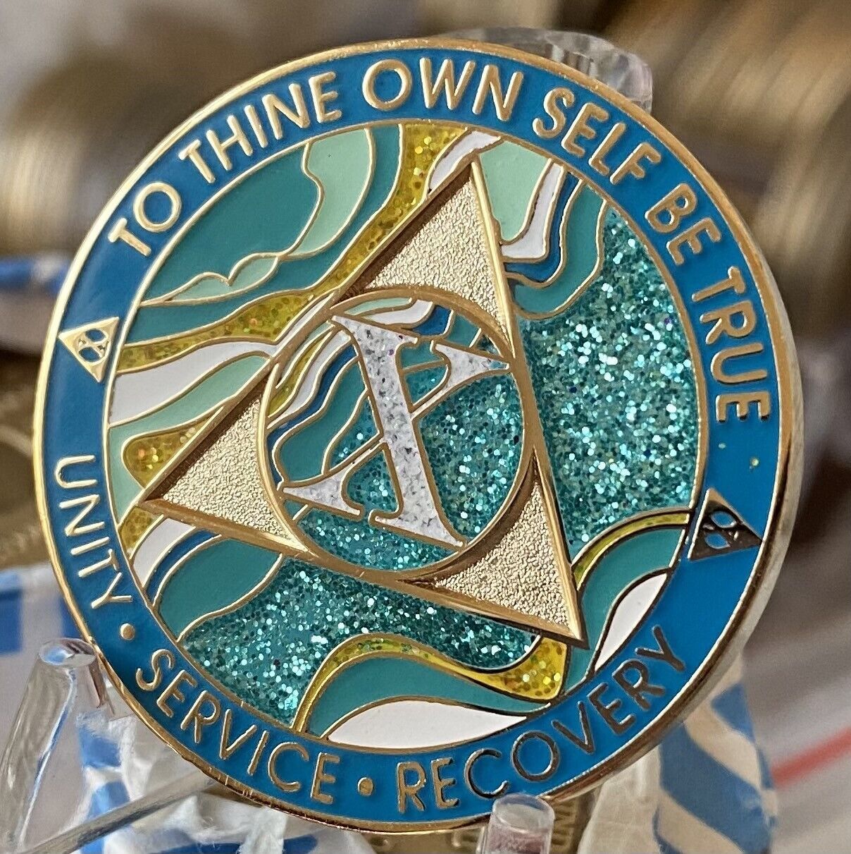 10 Year AA Medallion Elegant Marble Caribbean Aqua Glitter Blue Sobriety Chip