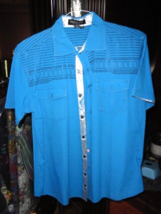 Victorious Blue Embroidered Short Sleeve Shirt Large Size - $94.05