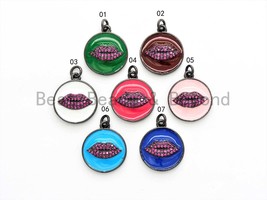 NEW Colorful Oil Dropped Round Charm with Fuchsia Lip, Enamel Gunmetal Pendant - $4.90