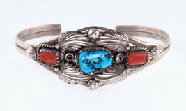 M. Begay Sterling Silver Cuff Bracelet w/ Turquoise, Coral Stones &amp; Leaf Pattern - $186.06