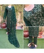 Pakistani Dark Green 3Pcs Fancy Chiffon Dress with thread embroidery ,XL - $124.10 CAD