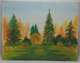 Original Acrylic Painting Autumn Evergreen Tree Landscape Signed H. Lawton - £128.94 GBP
