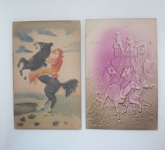 2 Cowboy Pitching Broncho &amp; Stagecoach Holdup Embossed Postcards Wild We... - $14.45