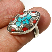 Tibetan Turquoise Coral Handmade Bohemian Ethnic Nepali Ring Adjustable SA 2510 - £2.98 GBP