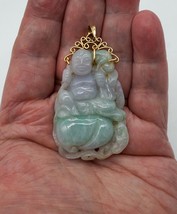 14K Gold &amp; Multicolor Lavender Jadeite Jade Sculpted &amp; Pierced Pendant Buddha - £319.73 GBP