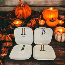 Ray Dunn Witches 8”  White Ceramic Square Halloween Plate Witch Shoes Set Of 4 - £41.35 GBP