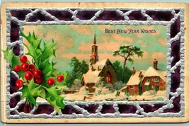 Best New Years Wishes Holly Cabin Scene Silver Foil Frame Embossed Postcard 1907 - £3.12 GBP