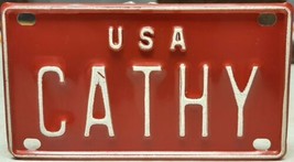Vintage 60&quot;s 70&quot;s USA Personalized Name Bicycle Bike Plate Tag Red Metal CATHY - £7.03 GBP