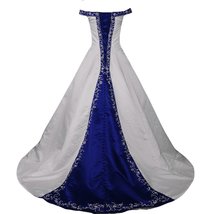 White and Royal Blue Off the Shoulder A Line Beaded Embroidery Wedding Dresses - £150.27 GBP