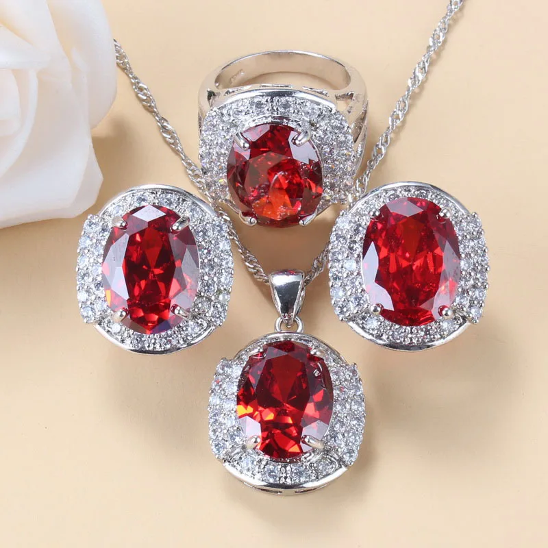 925 Mark Bridal Big Jewelry Sets Natural Red Garnet Necklace And Earrings Weddin - $38.63