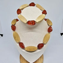 Vtg Faux Reconstructed Amber &amp; Wood Beaded Necklace &amp; Bracelet Set 925 Clasp - £15.68 GBP
